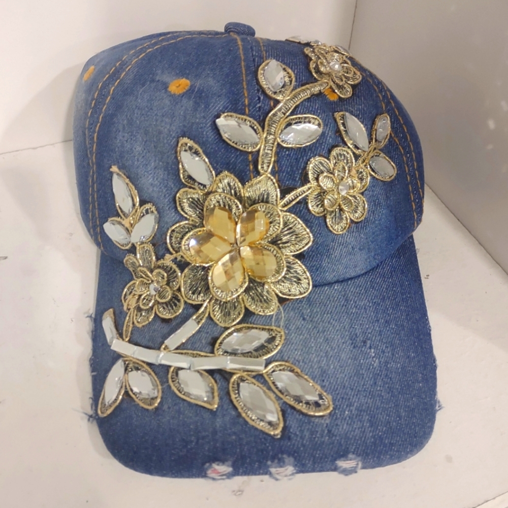 Denim adjustable hat with rhinestone flowers